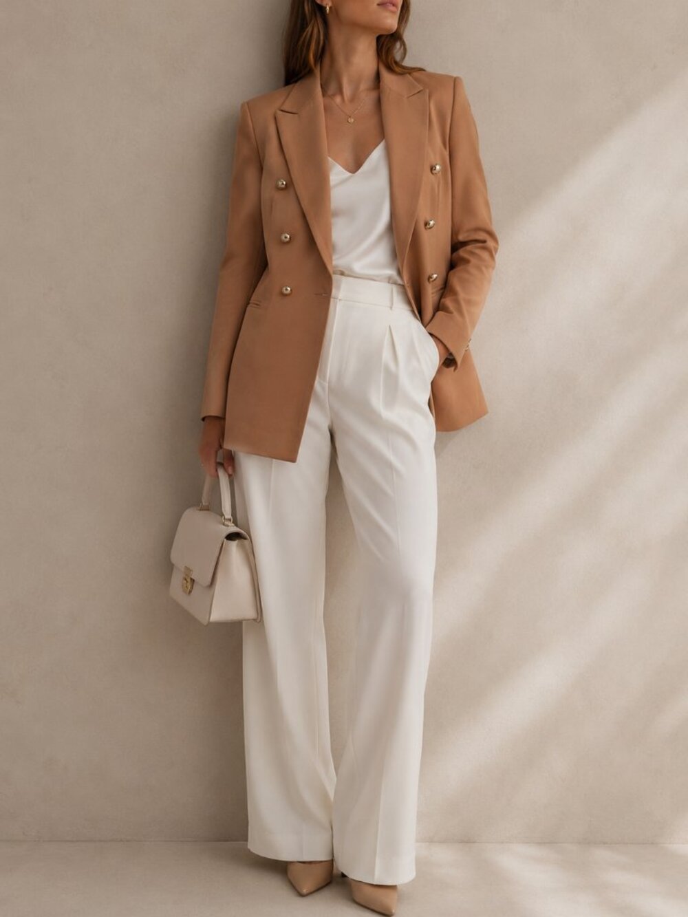 Elie Tahari Camel Double Breasted Longline Blazer Gold Buttons Size 4